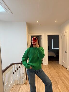 Zara Bright Green Ribbed wool Crewneck Sweater